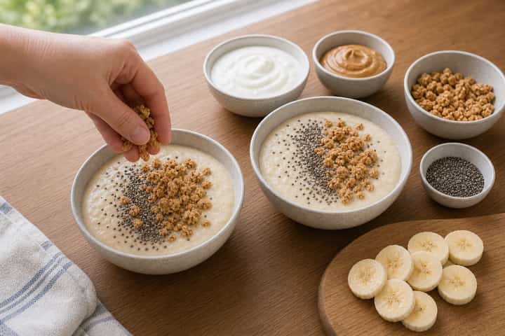 Banana Peanut Smoothie Bowls cooking step 4: Bring it together.
