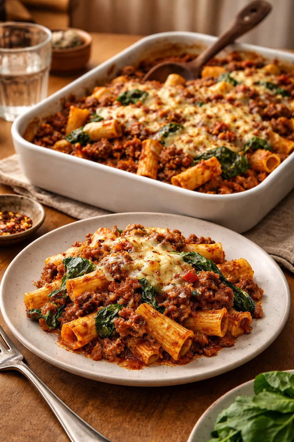 Beef Chilli Pasta Bake plated and ready to serve.