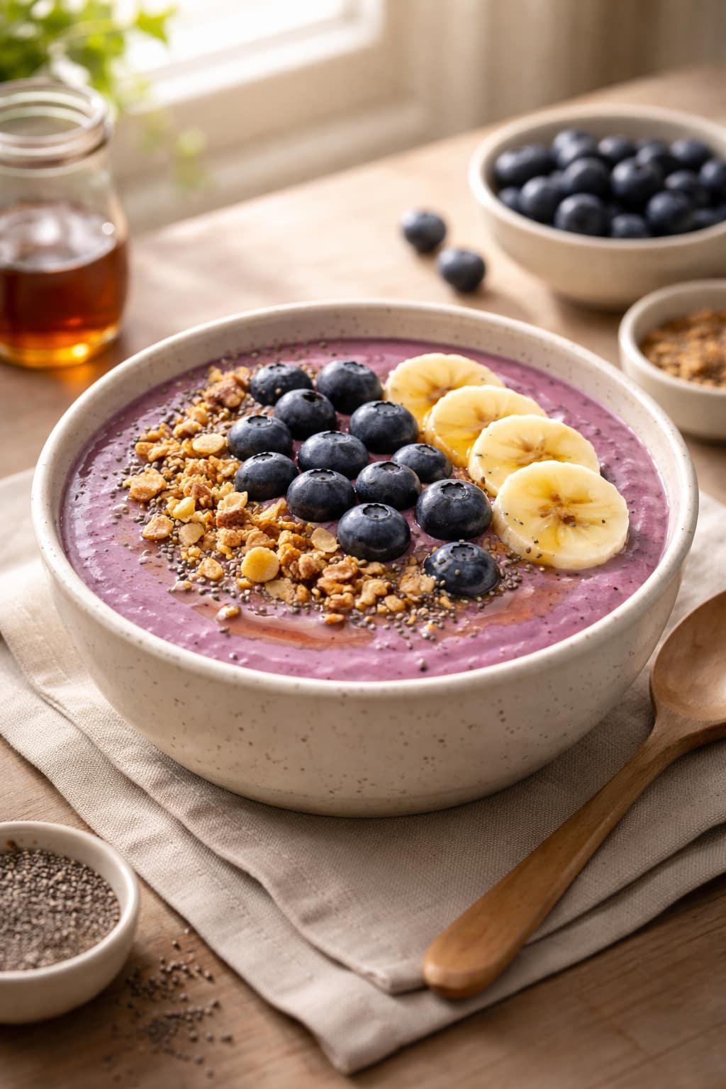 Blueberry Maple Smoothie Bowls plated and ready to serve.