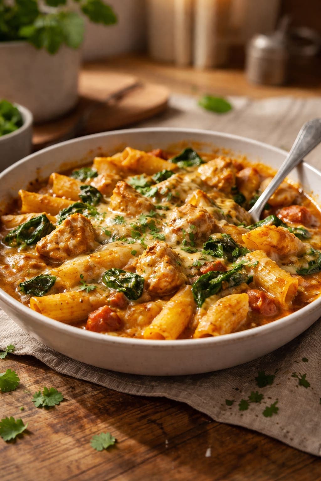 Chicken Curry Pasta Bake plated and ready to serve.