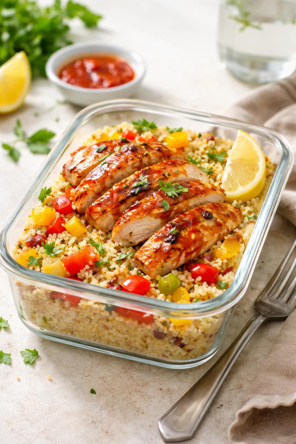 Chicken Piri Piri Couscous Boxes plated and ready to serve.