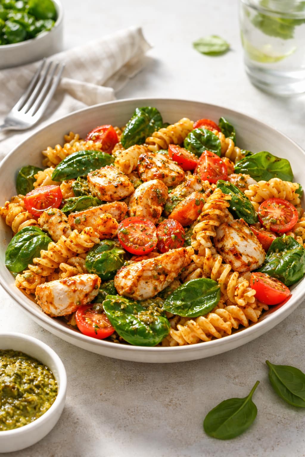 Chicken Piri Piri Pasta Salad plated and ready to serve.