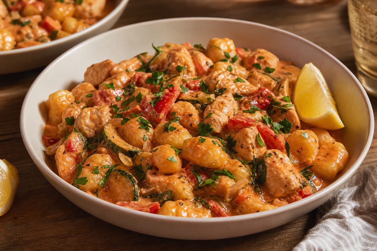 Creamy Paprika Chicken Gnocchi plated and ready to serve.