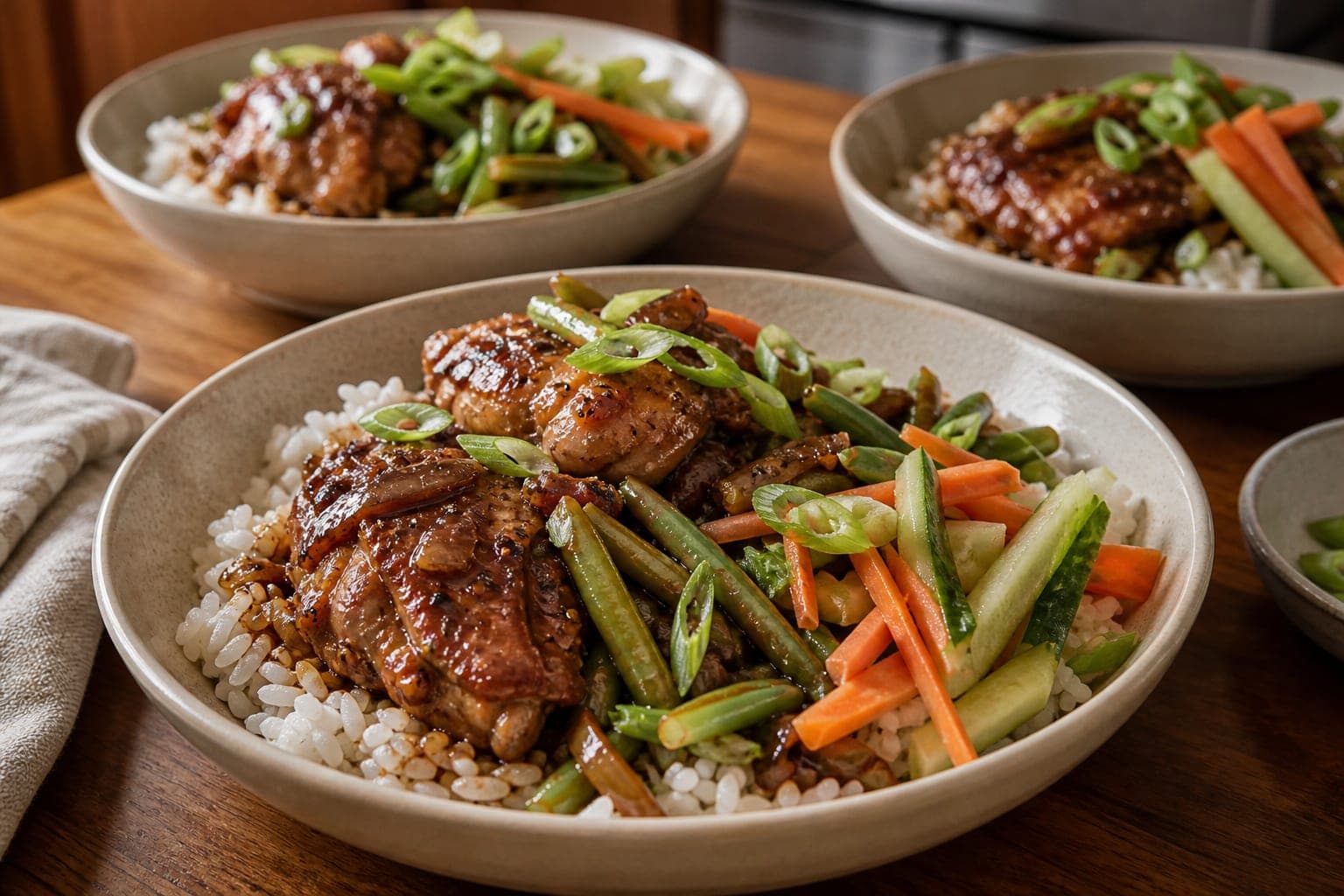 Chicken Adobo Rice Bowls plated and ready to serve.