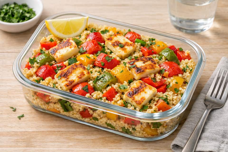 Halloumi Pesto Couscous Boxes plated and ready to serve.