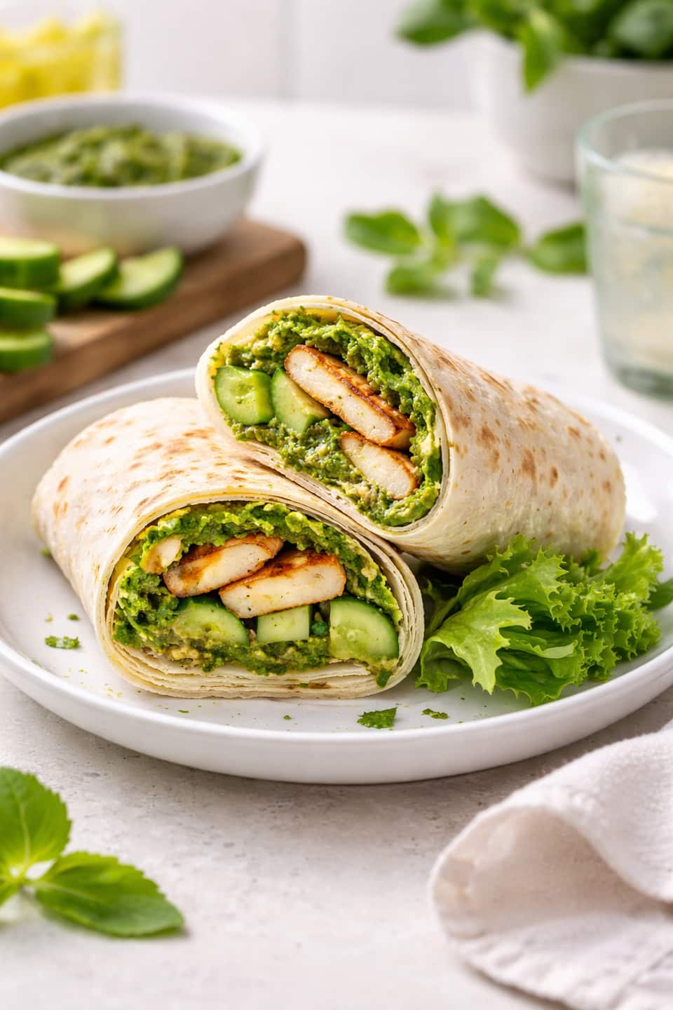 Halloumi Pesto Wraps plated and ready to serve.