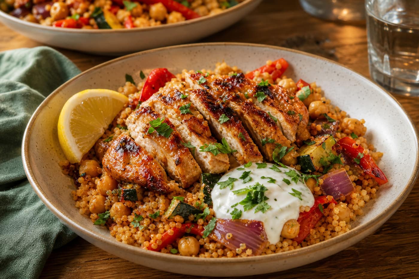 Harissa Chicken Couscous Traybake plated and ready to serve.