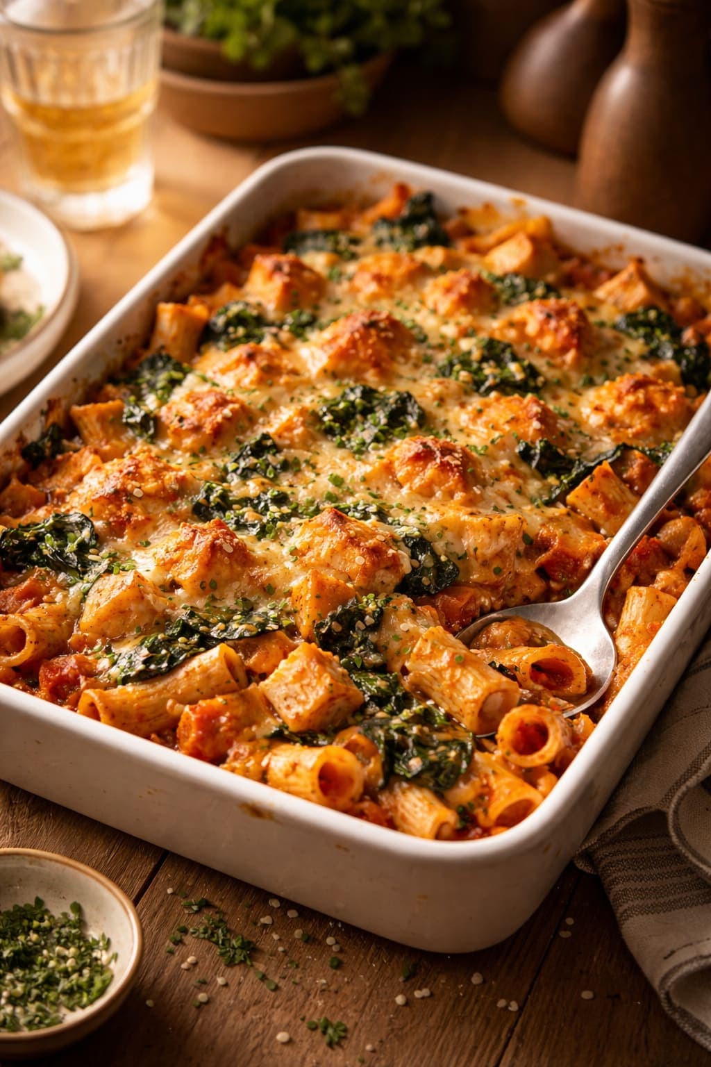 Salmon Miso Pasta Bake plated and ready to serve.