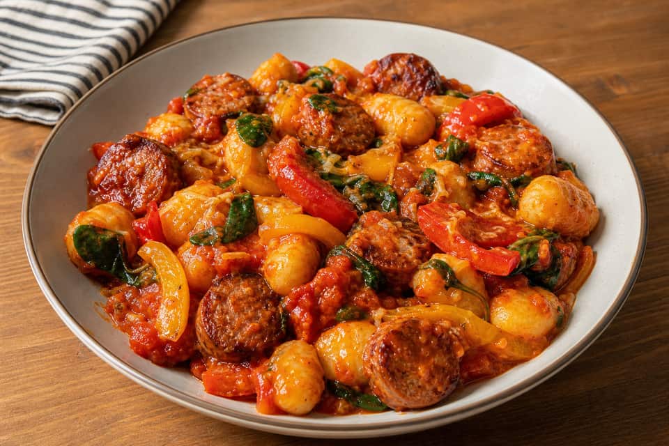 Smoky Sausage Gnocchi plated and ready to serve.