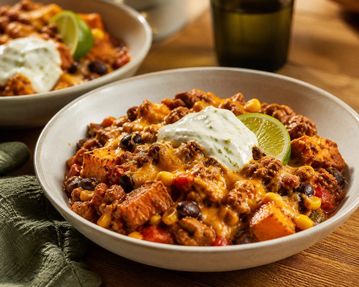 Smoky Turkey Sweet Potato Bowls plated and ready to serve.