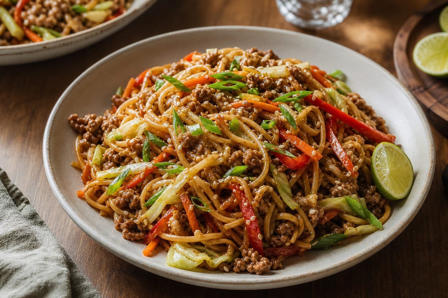 Sticky Pork Noodle Stir Fry plated and ready to serve.