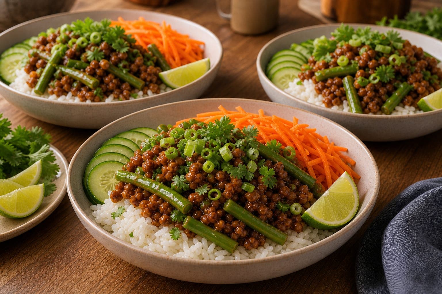 Caramel Turkey Rice Bowls plated and ready to serve.