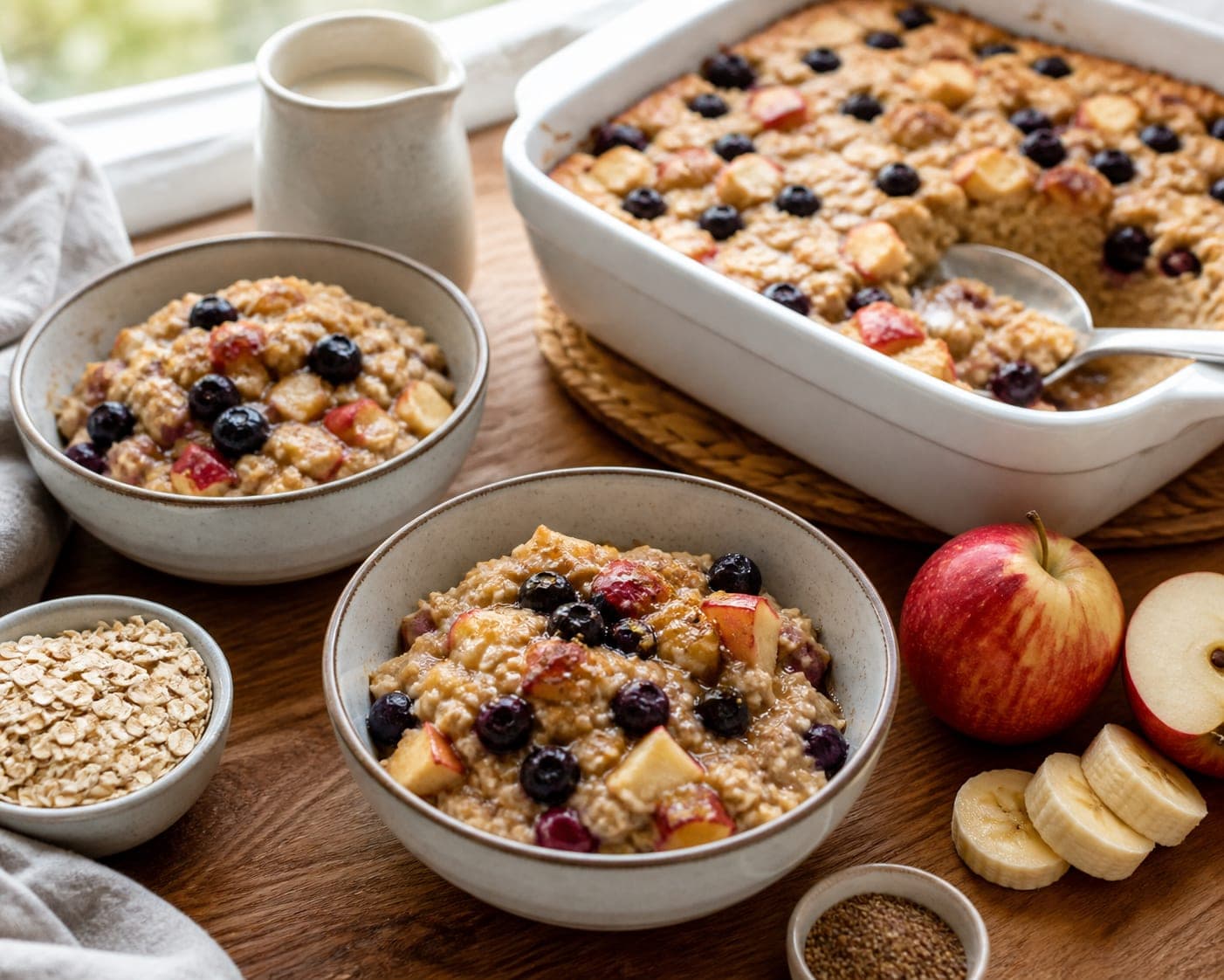 Apple Blueberry Baked Oats plated and ready to serve.
