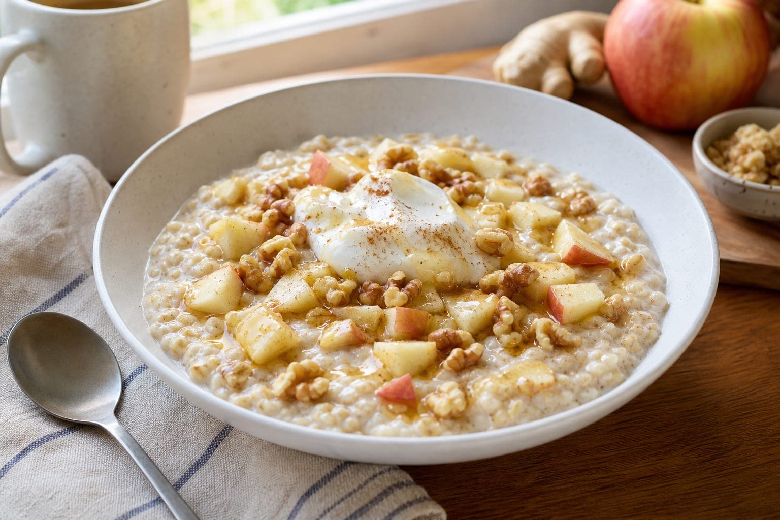 Apple Ginger Walnut Porridge plated and ready to serve.