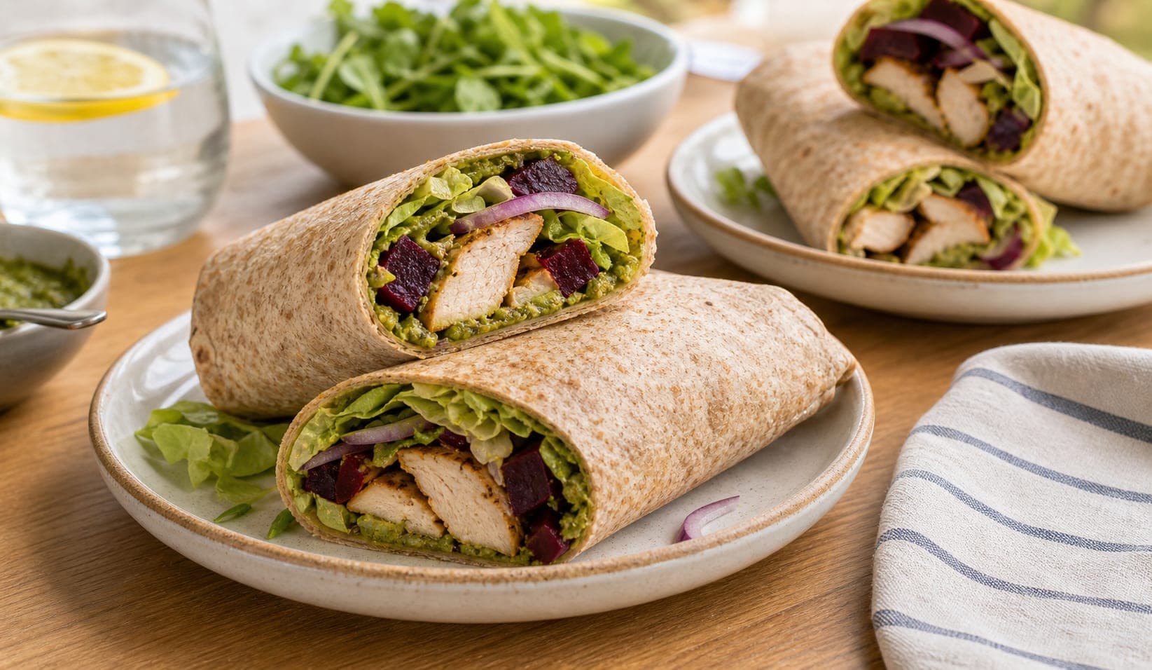 Chicken Beetroot Pesto Wraps plated and ready to serve.