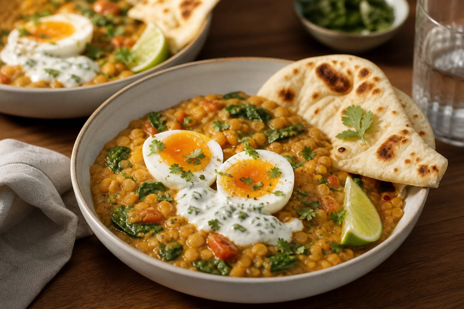 Coconut Lentil Dhal with Jammy Eggs plated and ready to serve.
