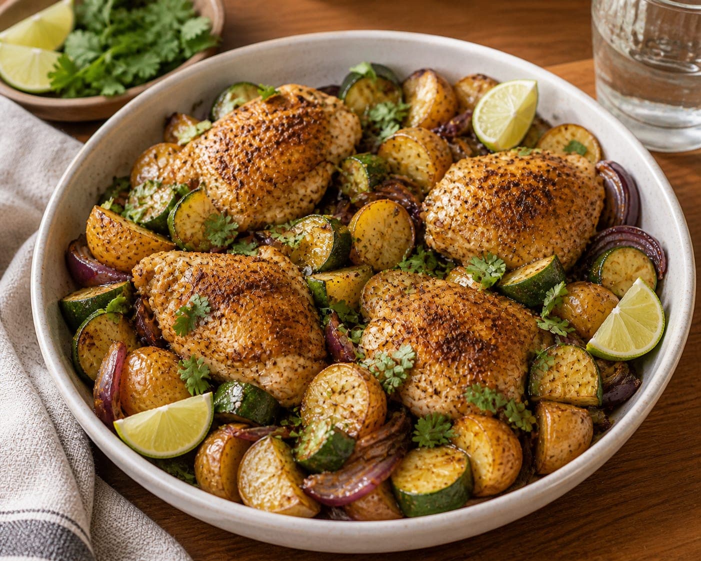 Cumin Chicken Courgette Traybake plated and ready to serve.