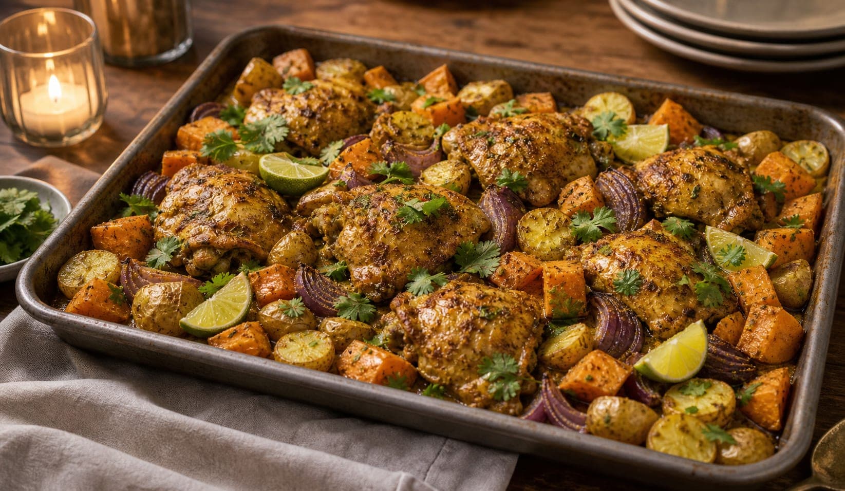 Curry Chicken Sweet Potato Traybake plated and ready to serve.