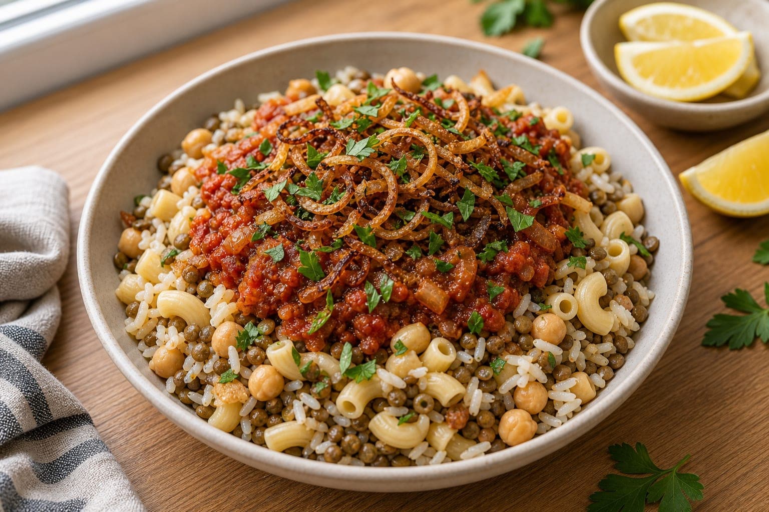 Egyptian-Style Koshari Lentil Bowls plated and ready to serve.