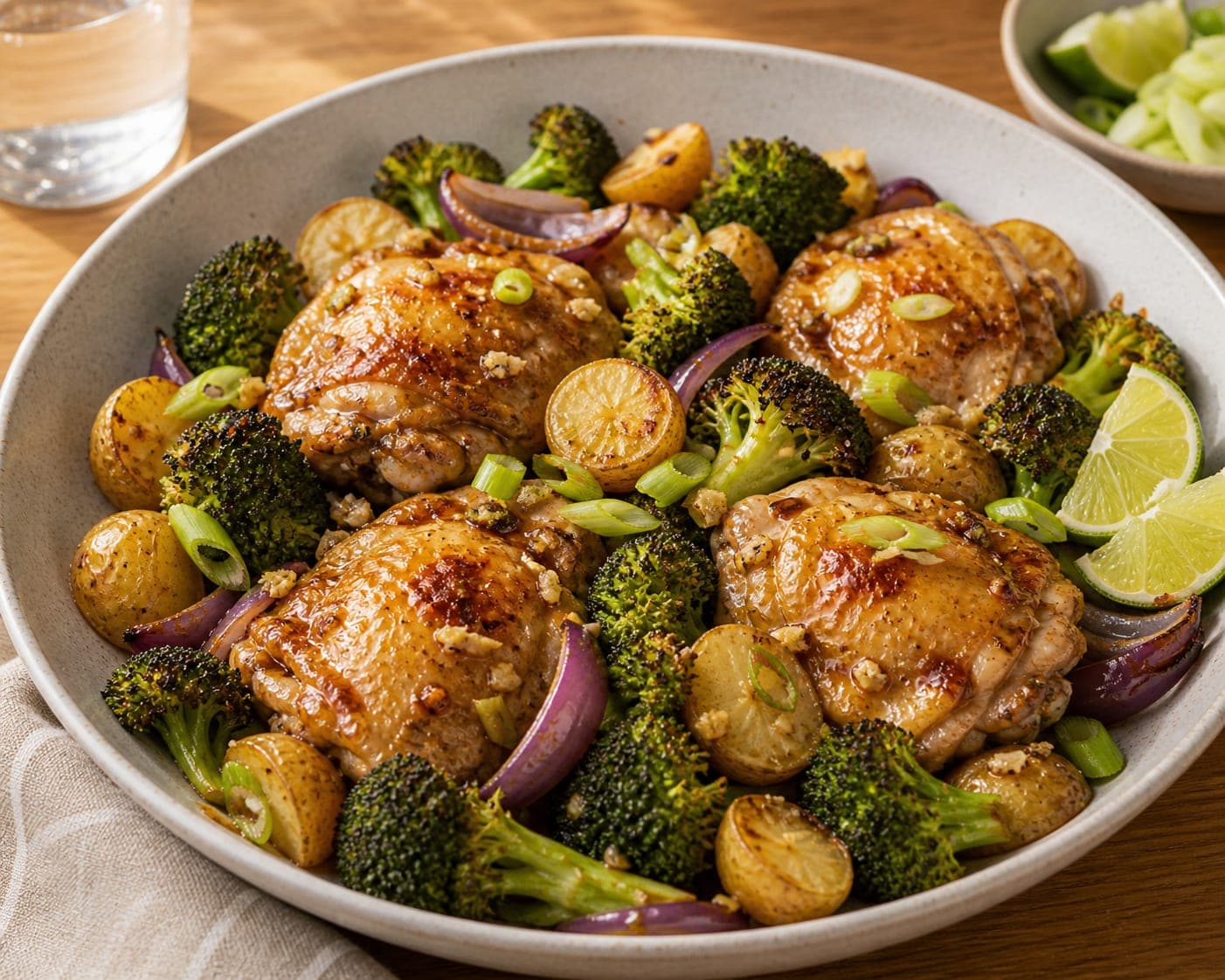 Ginger Chicken Broccoli Traybake plated and ready to serve.