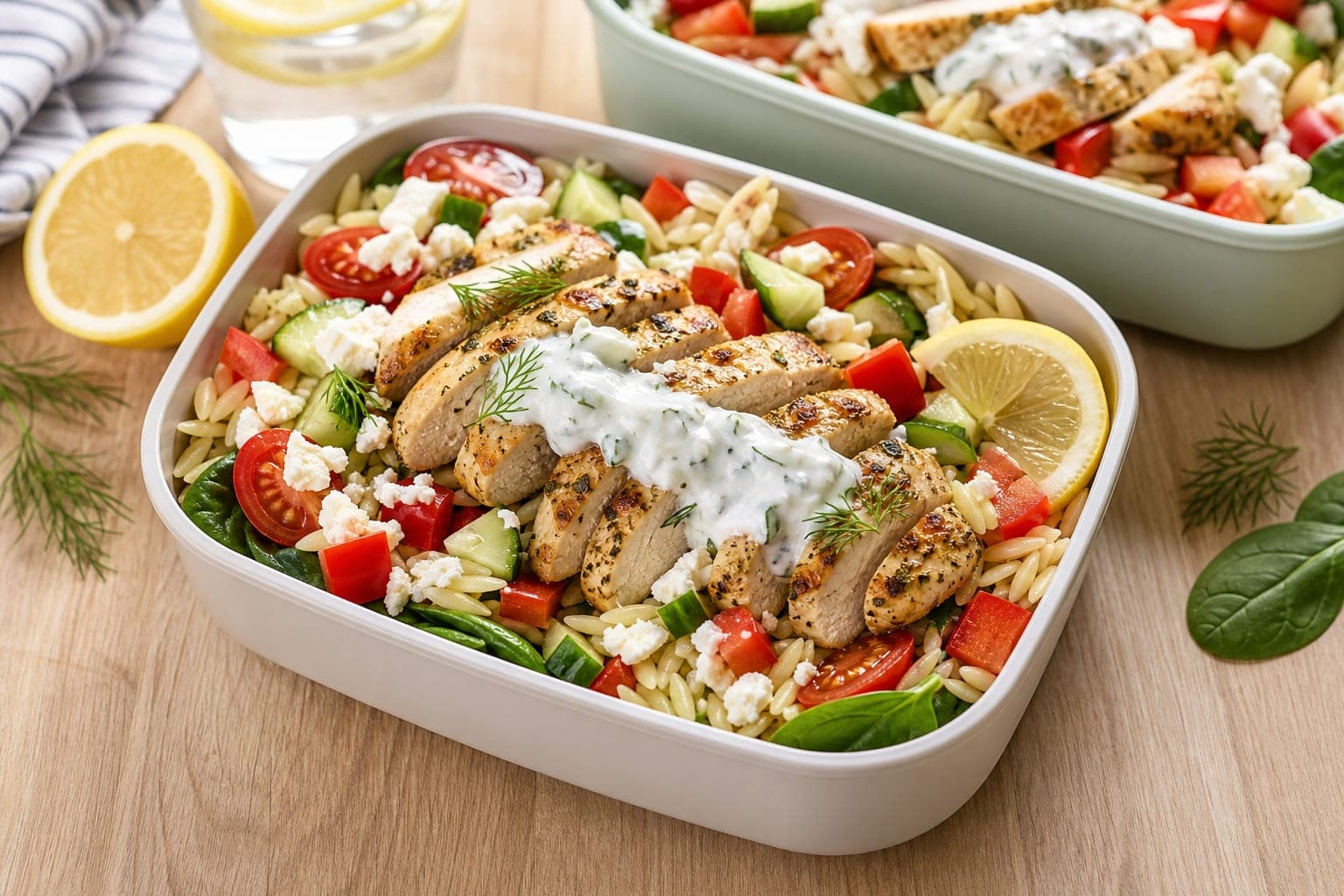 Greek Chicken Tzatziki Orzo Boxes plated and ready to serve.