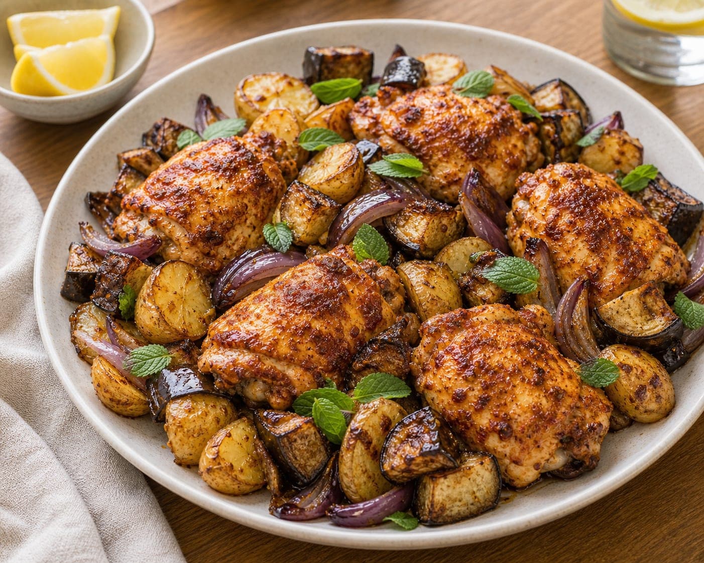 Harissa Chicken Aubergine Traybake plated and ready to serve.
