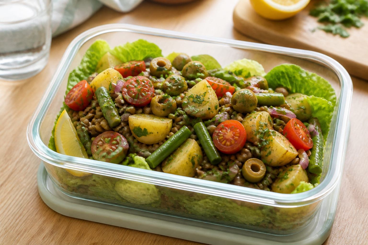 Lentil Potato Green Bean Lunch Boxes plated and ready to serve.