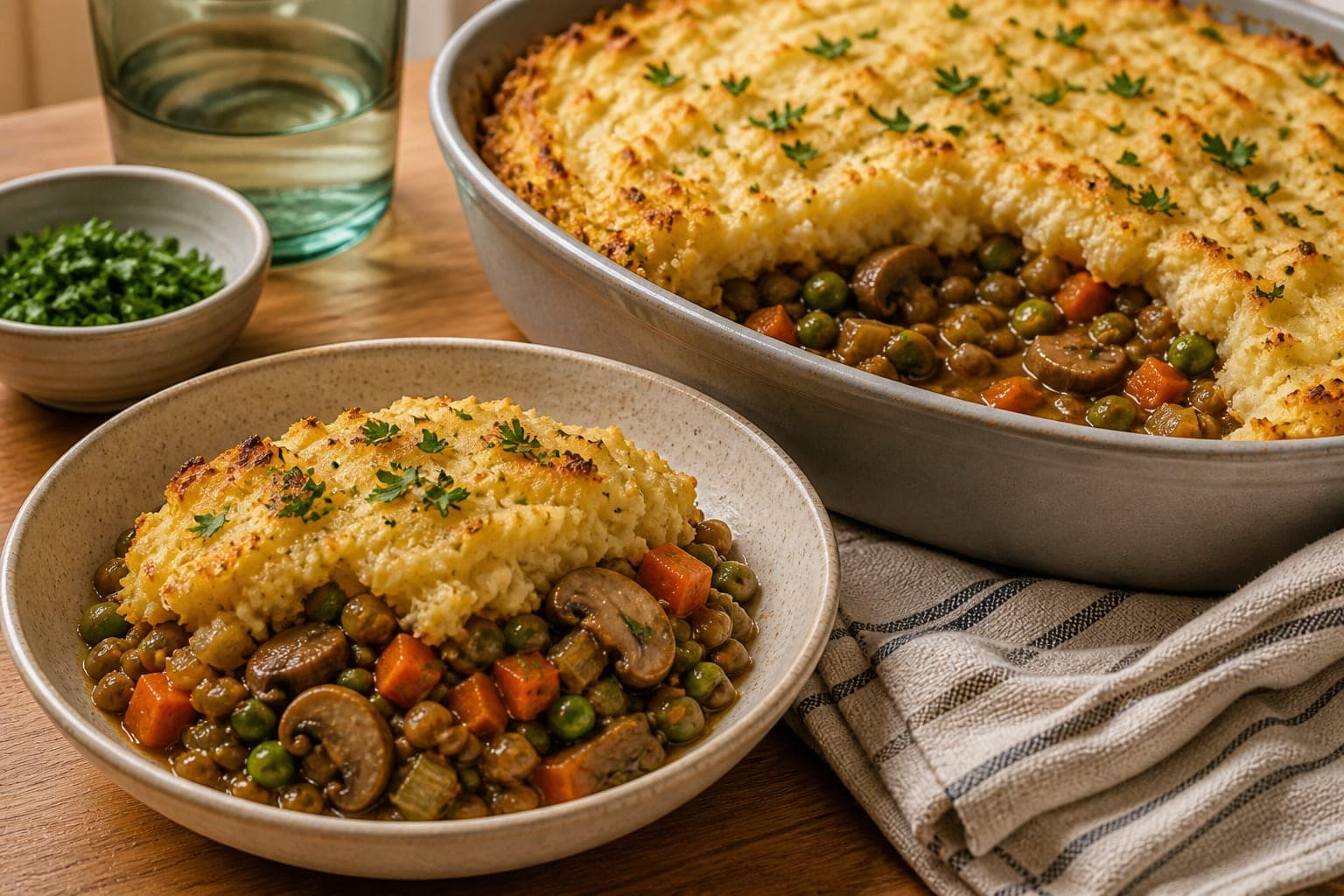 Mushroom Lentil Cottage Pie plated and ready to serve.