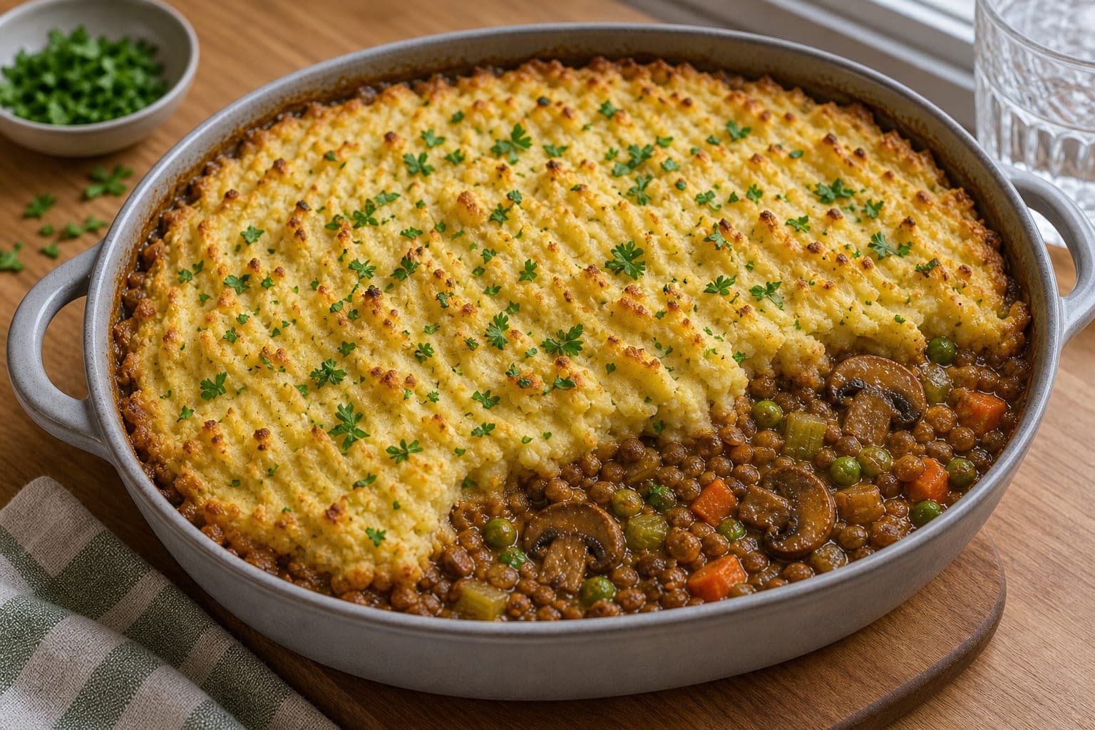 Mushroom Lentil Cottage Pie cooking step 6: Top and bake.