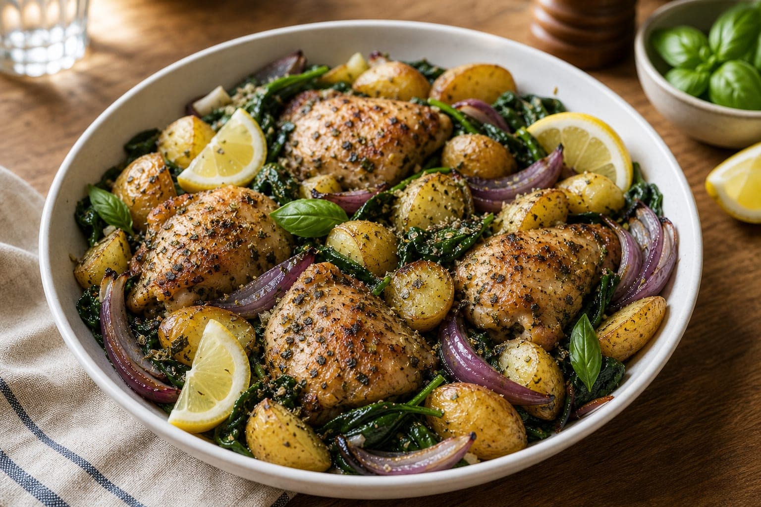 Oregano Chicken Spinach Traybake plated and ready to serve.