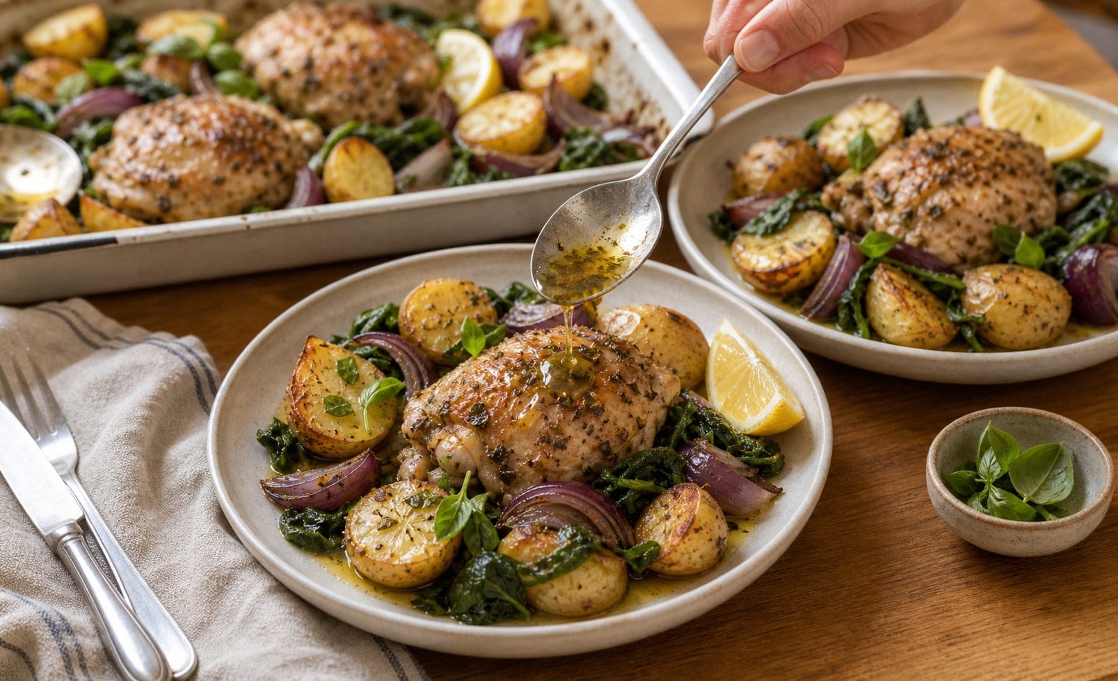 Oregano Chicken Spinach Traybake cooking step 6: Serve.