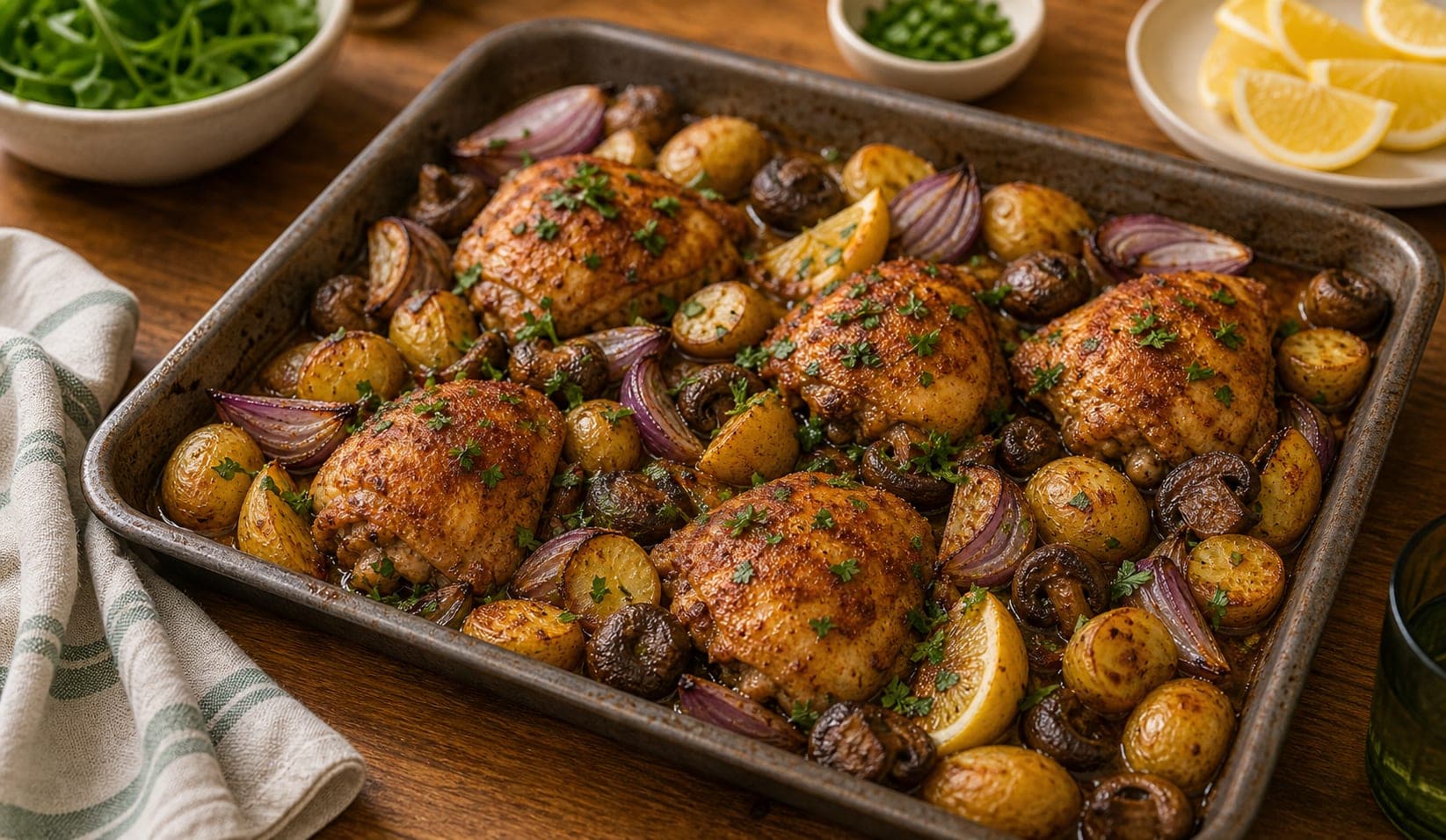 Paprika Chicken Mushroom Traybake plated and ready to serve.