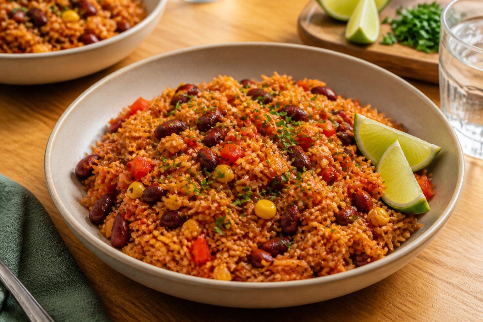 Smoky Tomato Kidney Bean Rice plated and ready to serve.