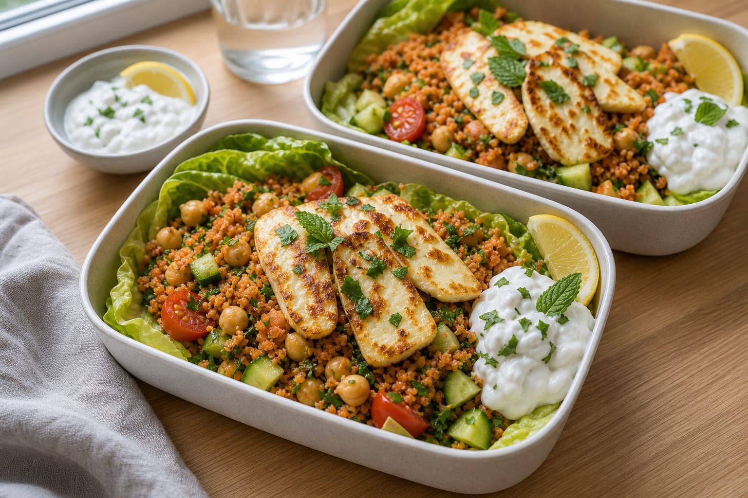 Turkish-Style Kisir Halloumi Lunch Boxes plated and ready to serve.