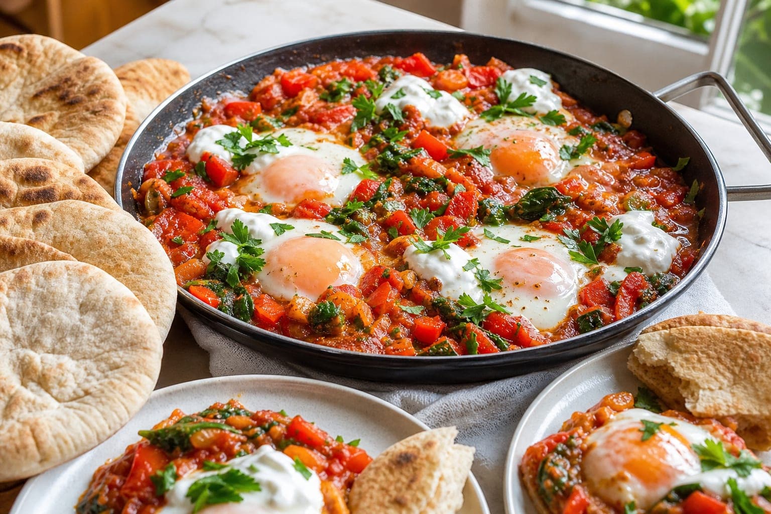Turkish-Inspired Menemen Breakfast Pittas plated and ready to serve.