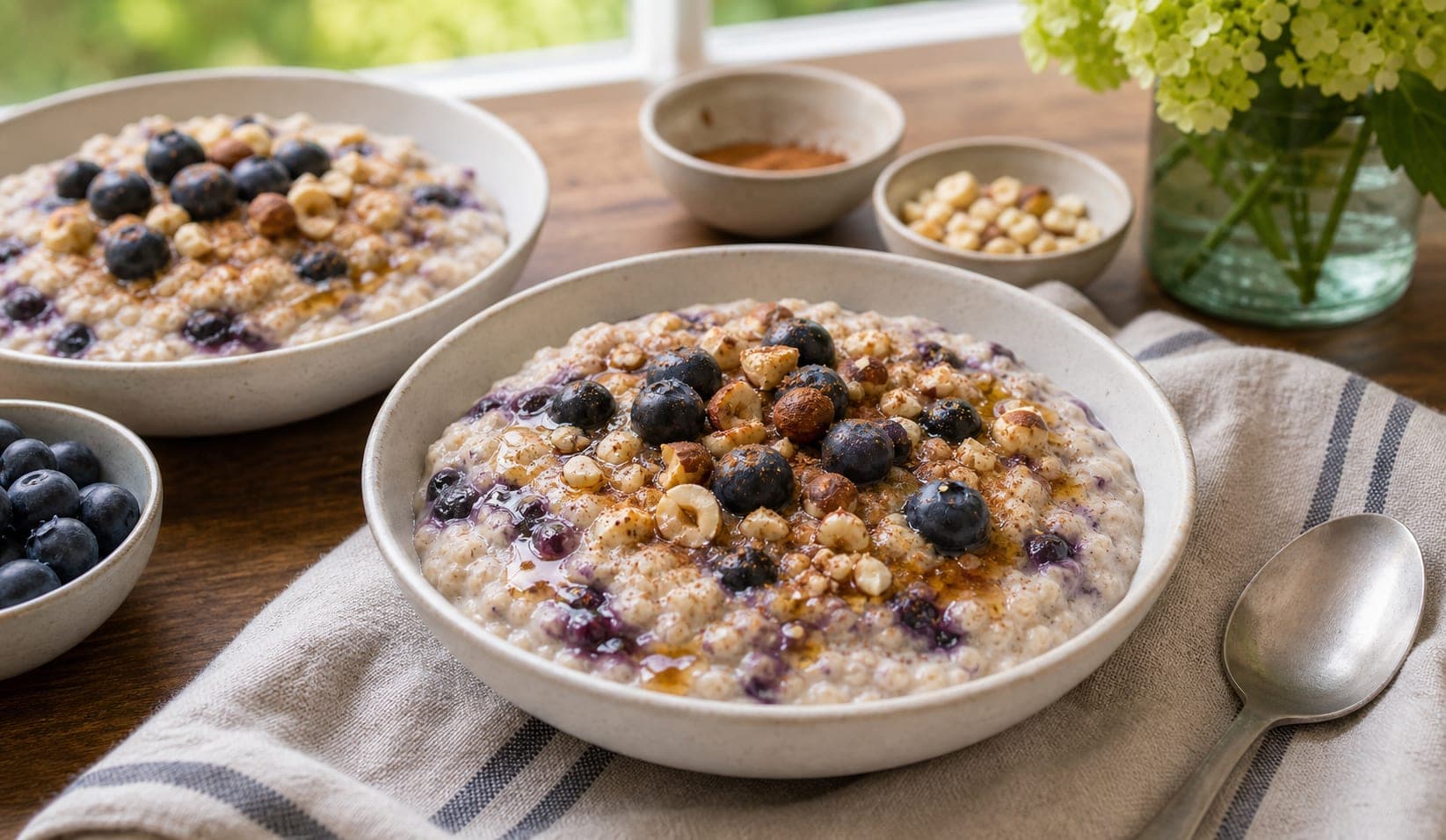Blueberry Cinnamon Hazelnut Porridge plated and ready to serve.