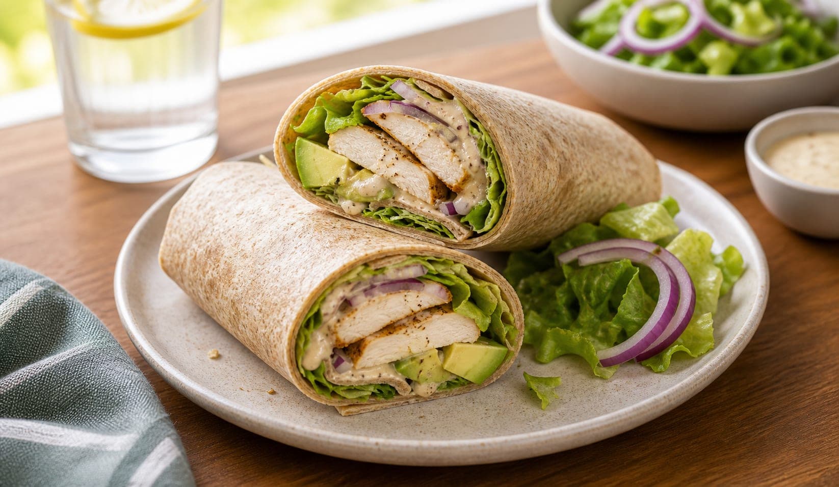 Chicken Avocado Tahini Wraps plated and ready to serve.