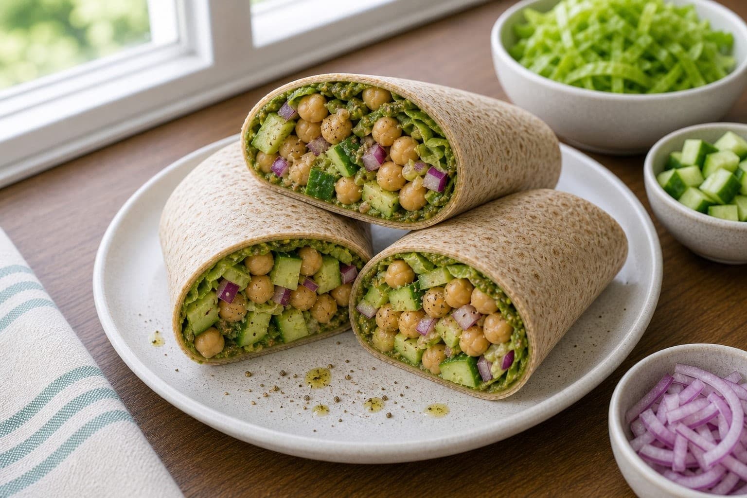 Chickpea Cucumber Pesto Wraps plated and ready to serve.