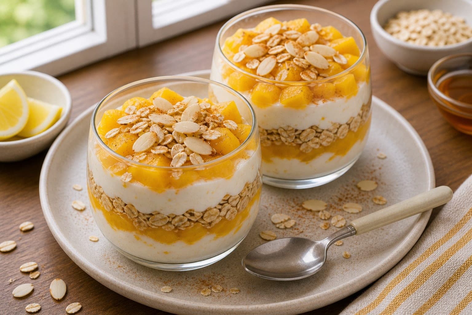 Mango Almond Yoghurt Pots plated and ready to serve.