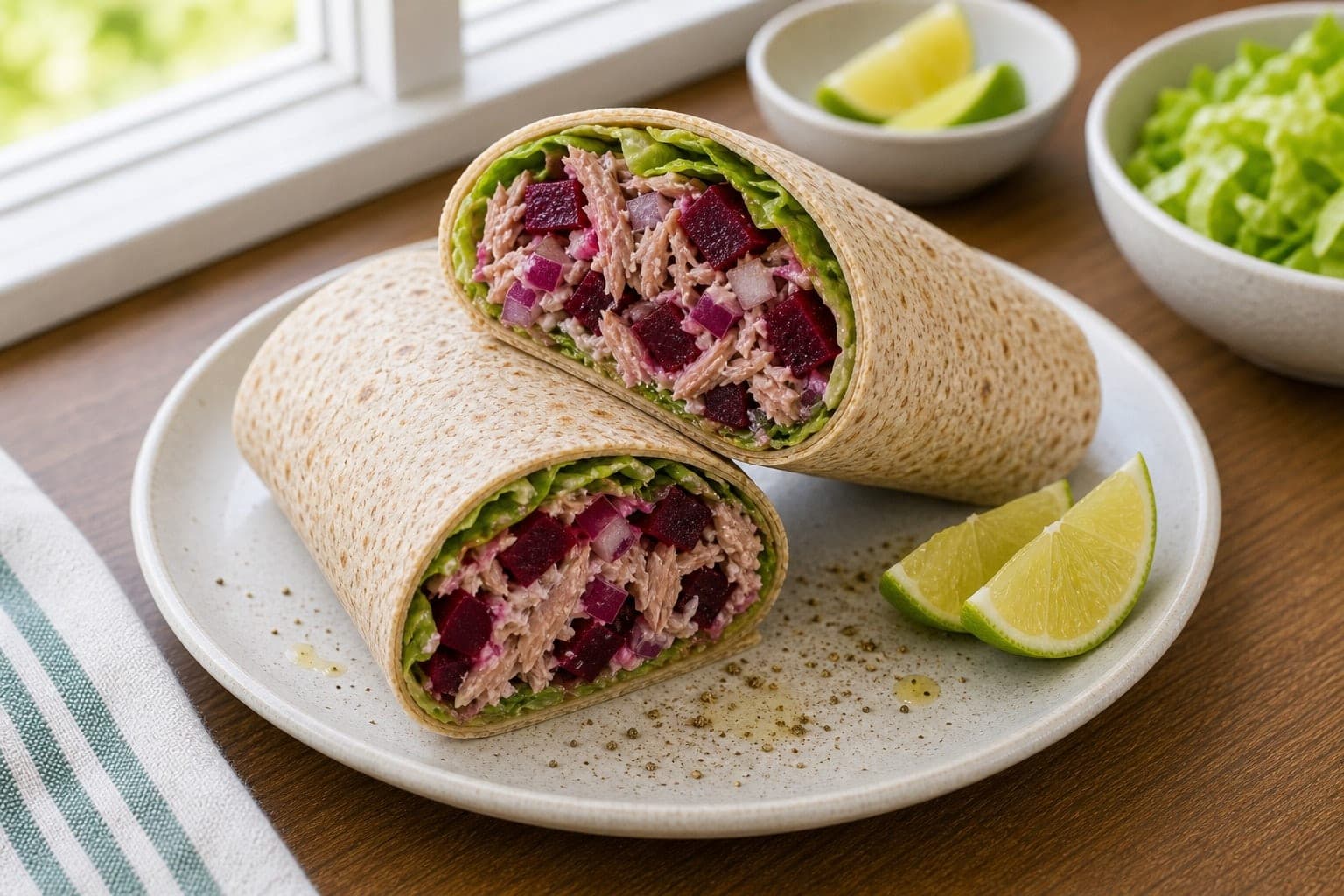 Tuna Beetroot Lime Wraps plated and ready to serve.