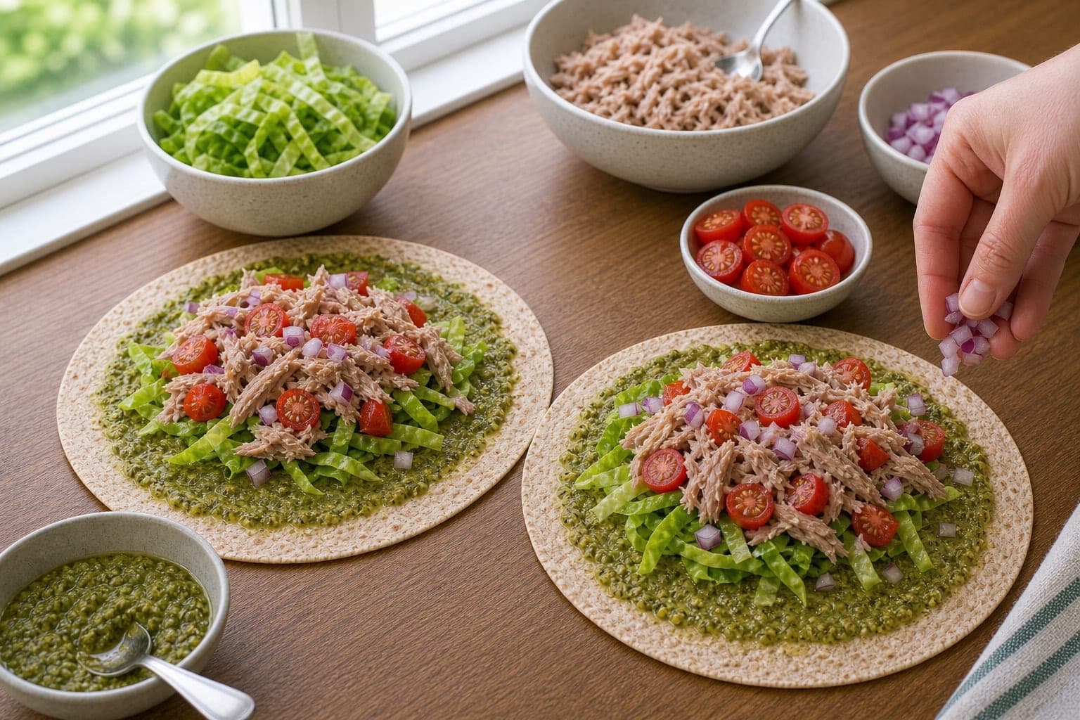 Tuna Tomato Pesto Wraps cooking step 4: Fill the wraps.