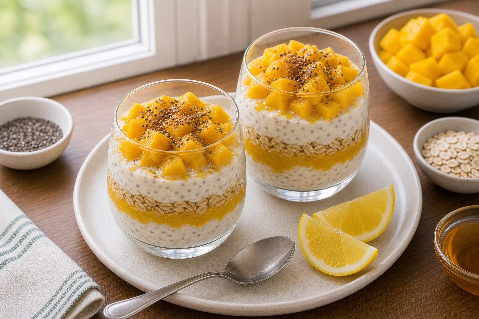 Mango Chia Yoghurt Pots plated and ready to serve.