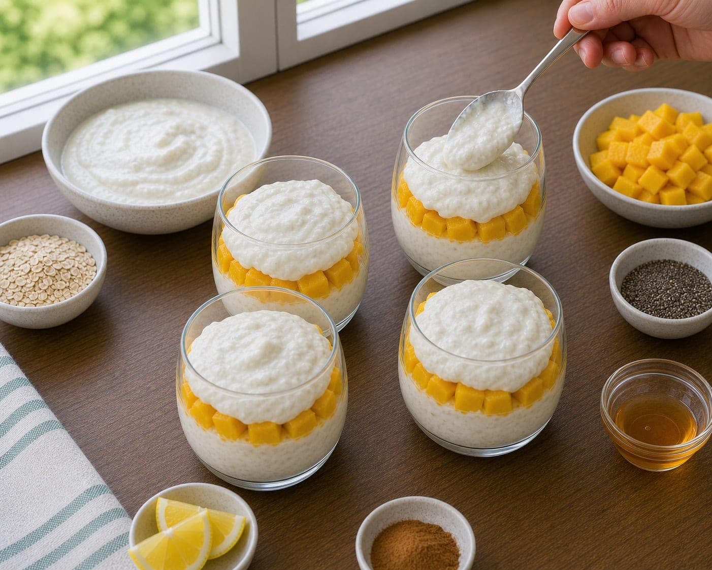 Mango Chia Yoghurt Pots cooking step 4: Layer the pots.
