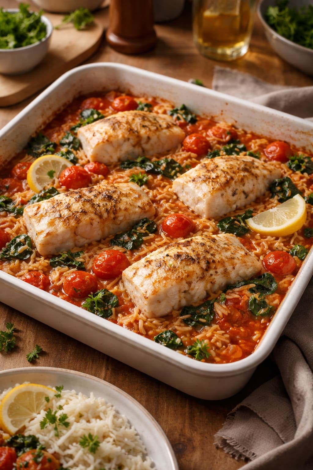 Baked Cod Tomato Orzo plated and ready to serve.