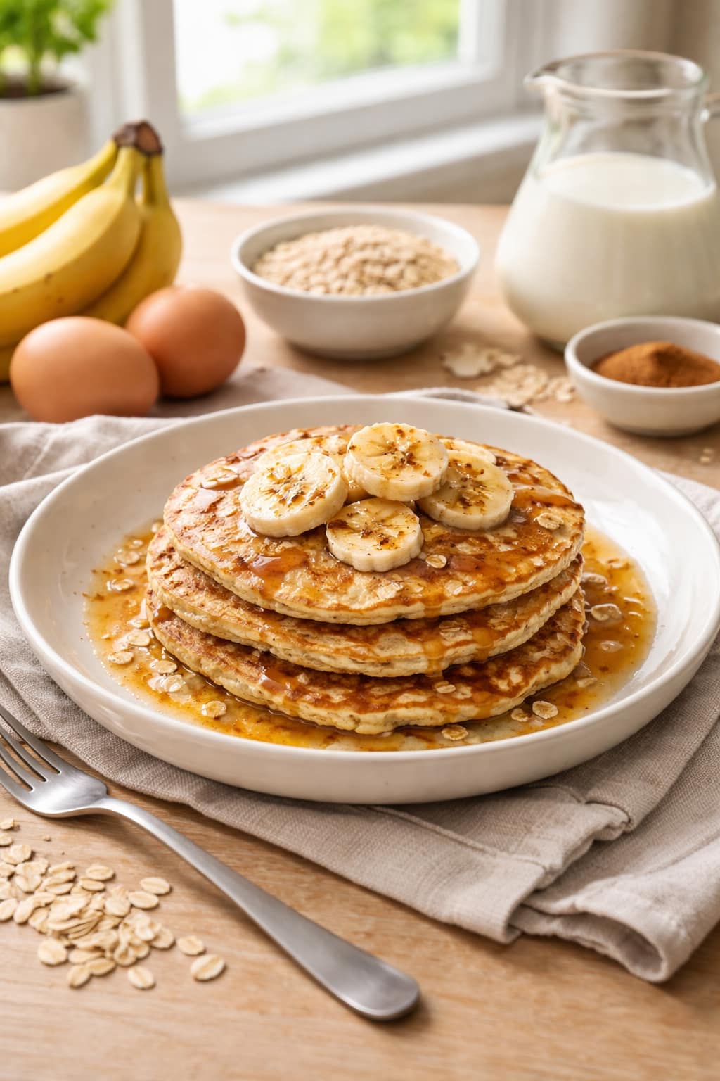 Banana Oat Pancakes plated and ready to serve.