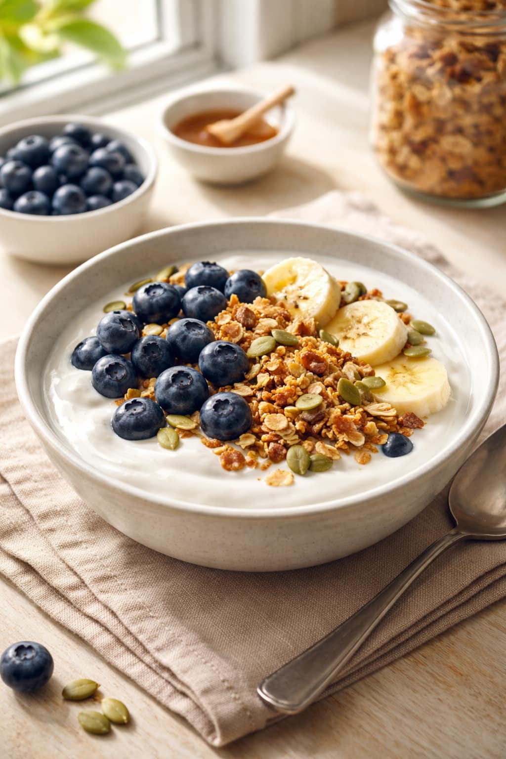 Blueberry Granola Pots plated and ready to serve.