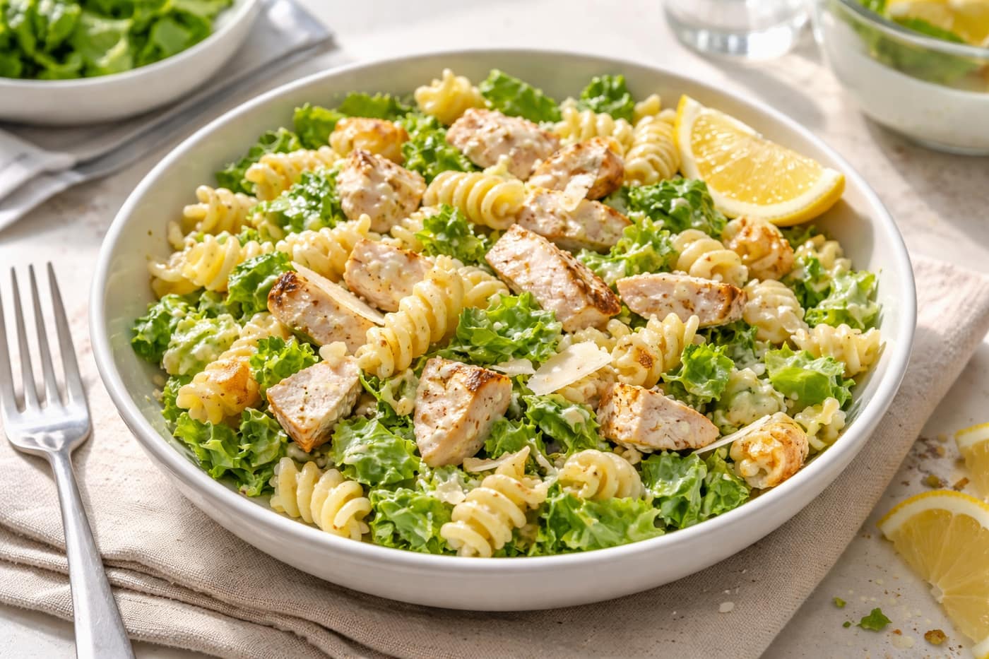 Chicken Caesar Pasta Salad plated and ready to serve.