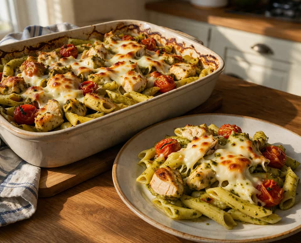 Chicken Pesto Pasta Bake plated and ready to serve.