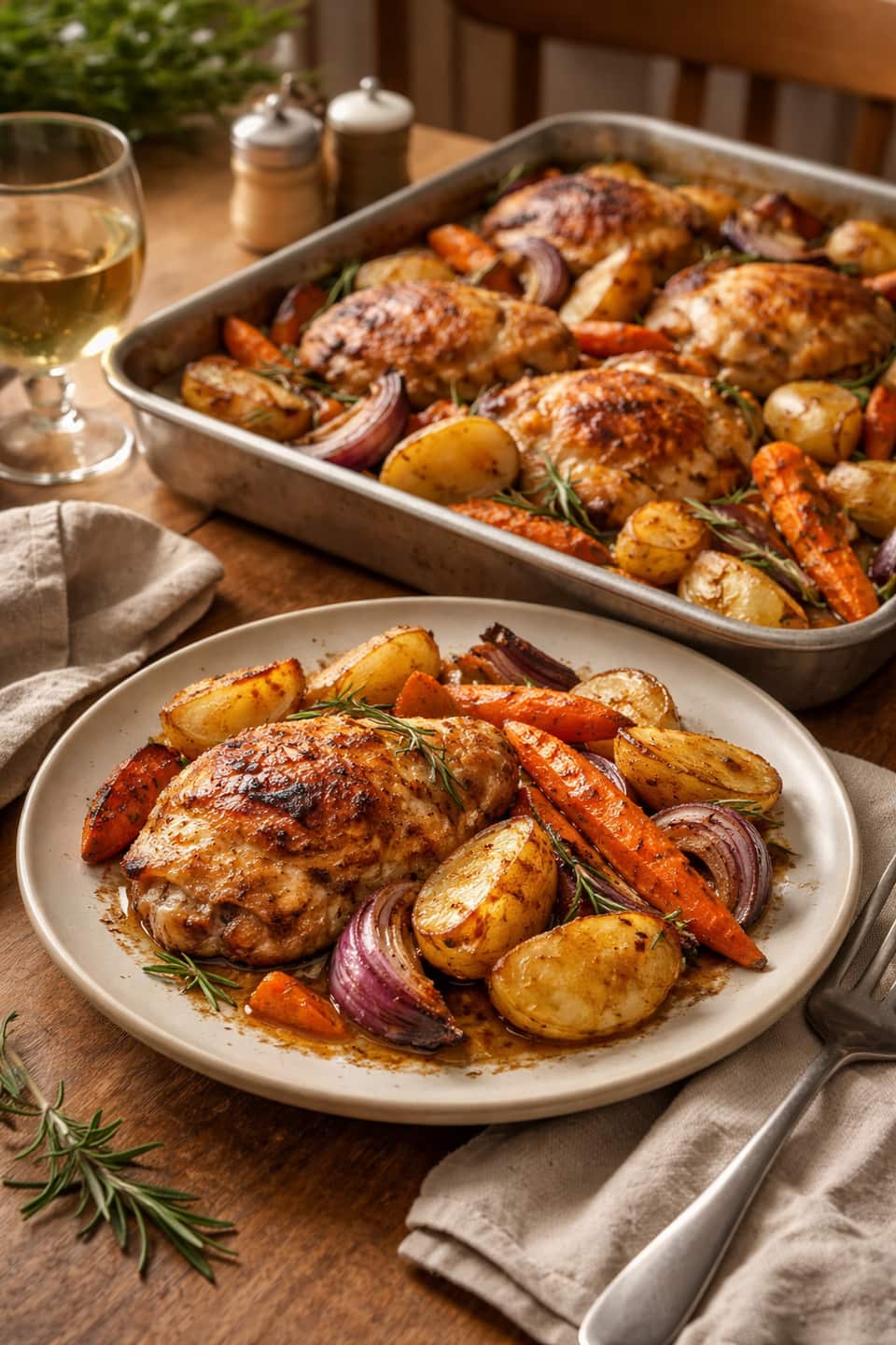 Chicken Traybake Potatoes and Carrots plated and ready to serve.