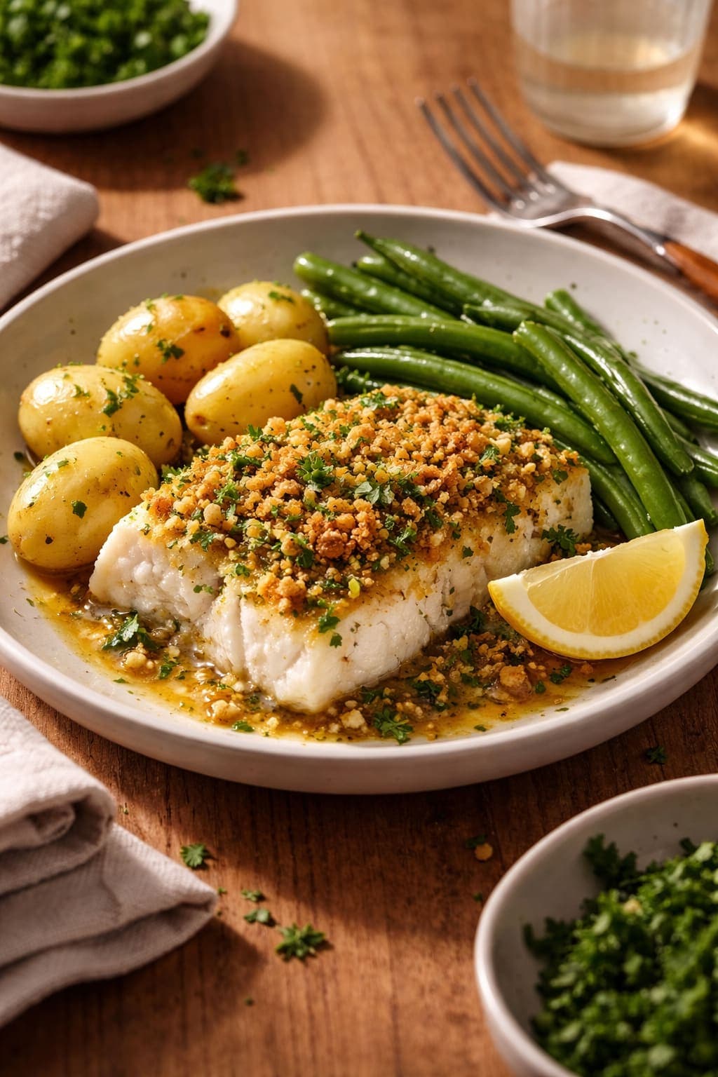 Cod with Herby Crumbs and New Potatoes plated and ready to serve.